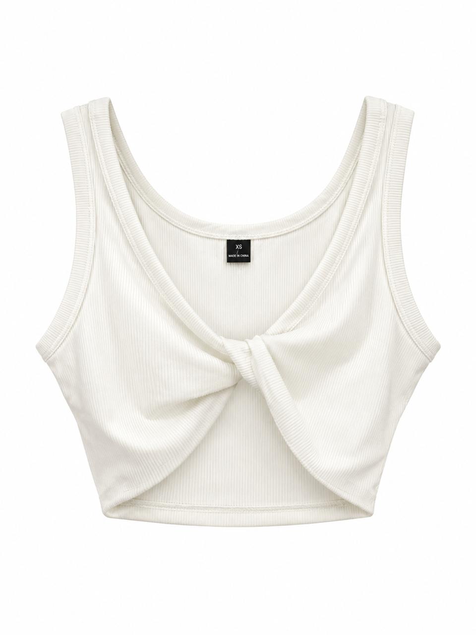 Crop top de canalé en blanco off-white con cuello redondo