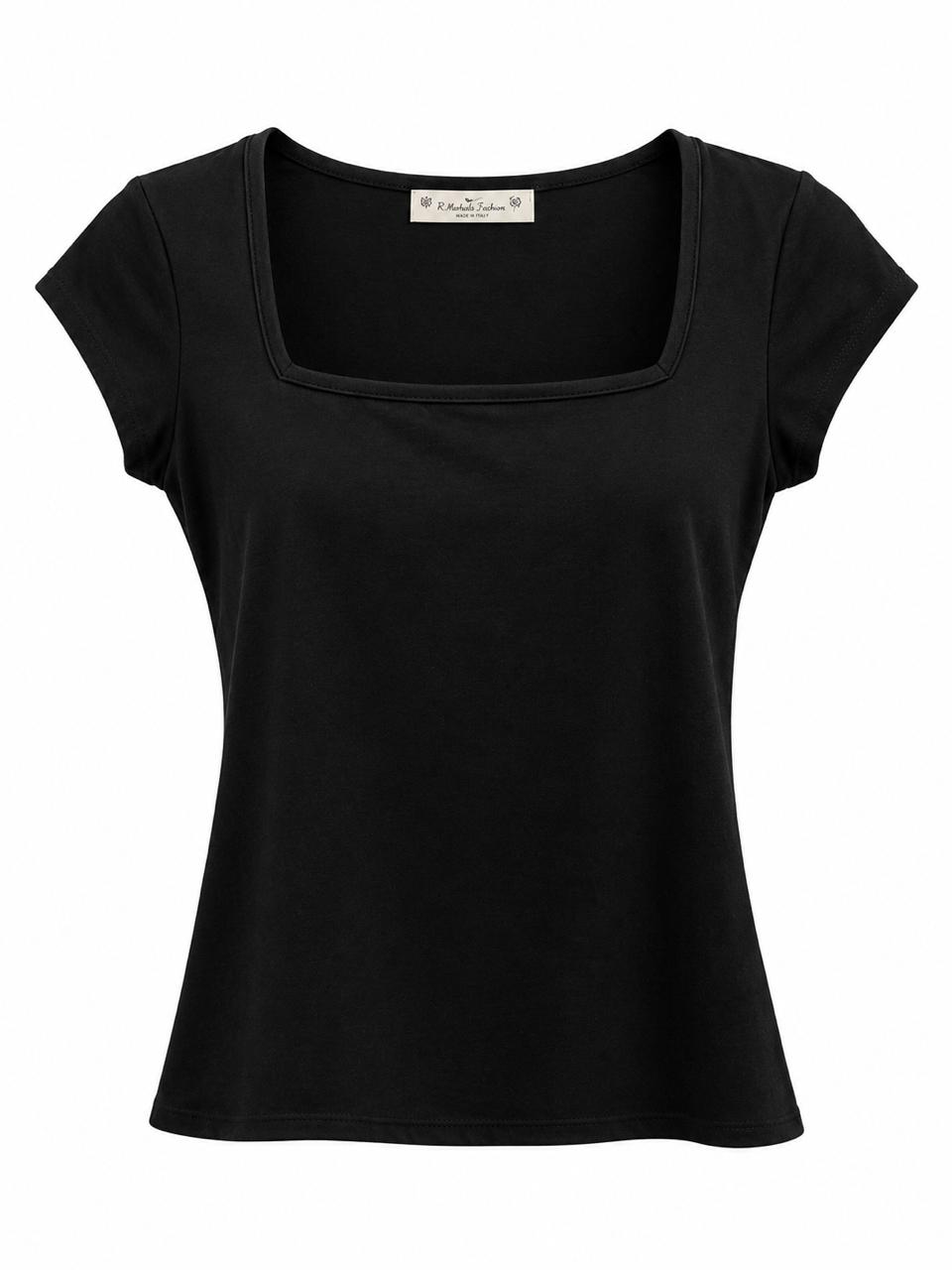 Camisa negra de manga corta con escote cuadrado y ajuste entallado
