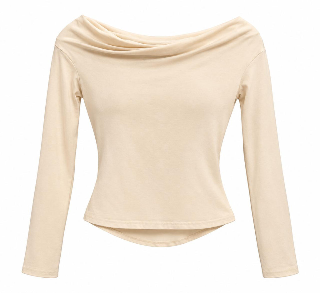 Blusa beige de manga larga con escote drapeado y hombros caídos