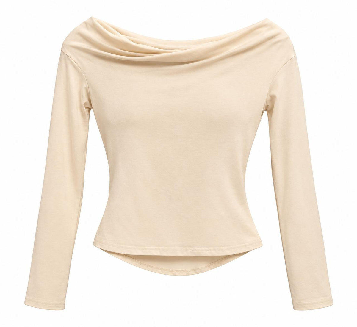 Blusa beige de manga larga con escote drapeado y hombros caídos