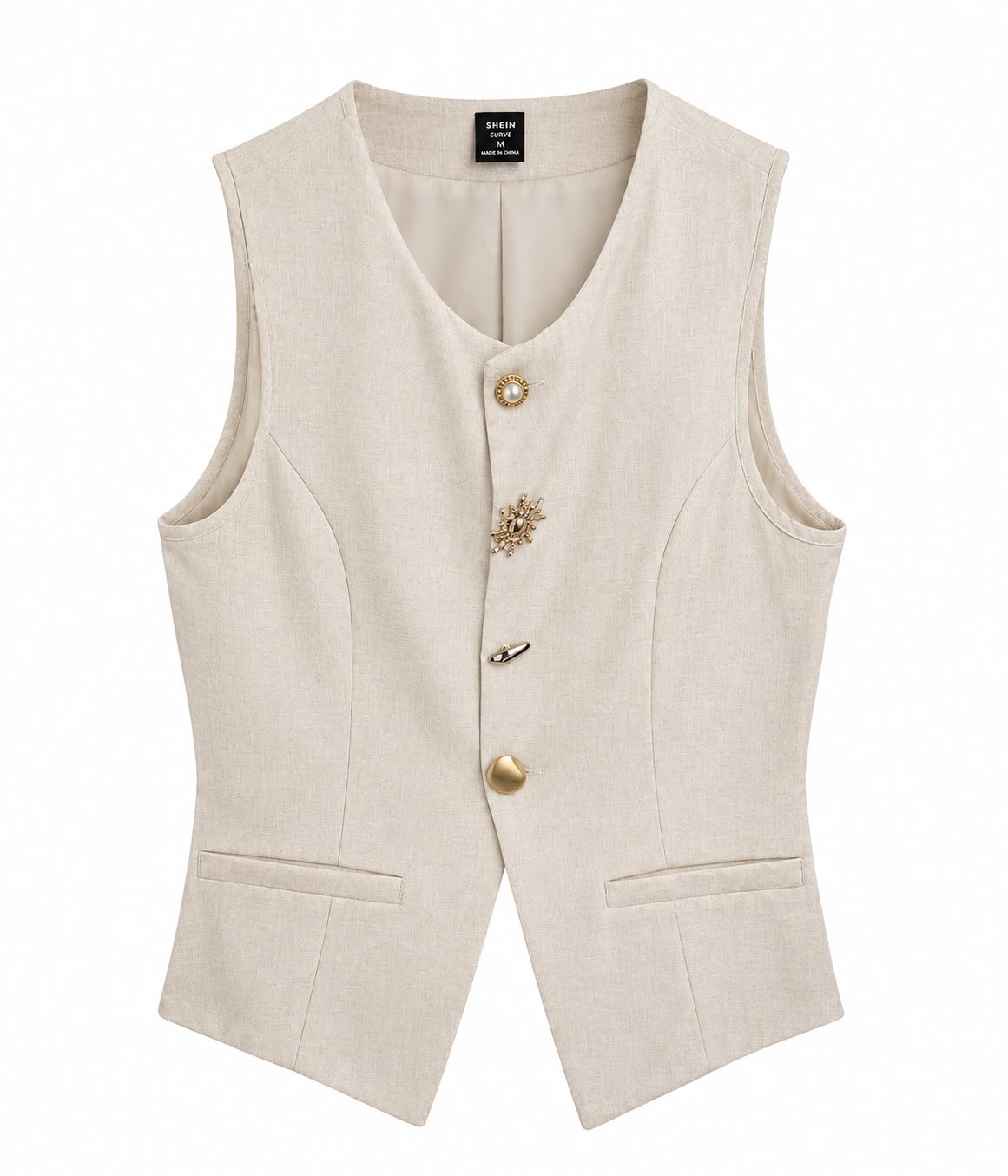 Chaleco elegante de vestir en tono beige con botones decorativos dispares