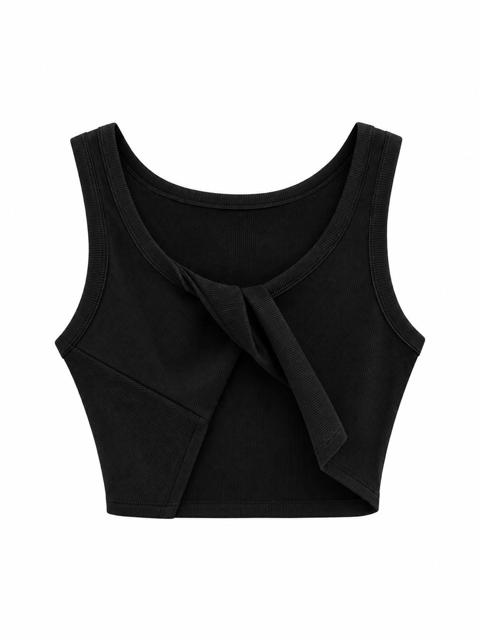 Crop Top de tirantes negro acanalado con detalle cruzado