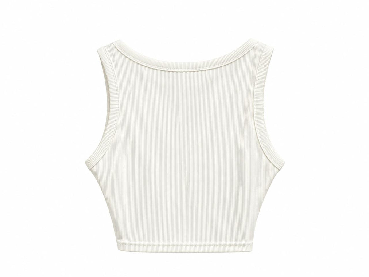 Crop top de canalé en blanco off-white con cuello redondo