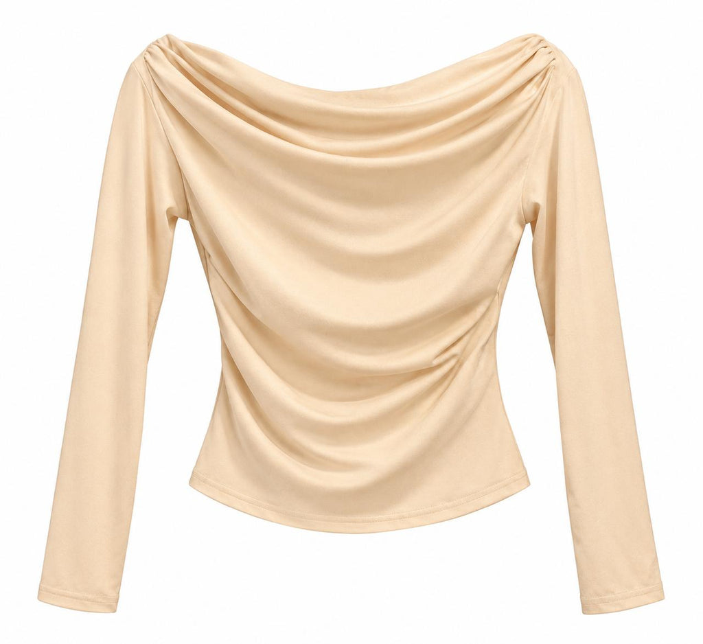 Blusa beige de manga larga con escote drapeado y hombros caídos