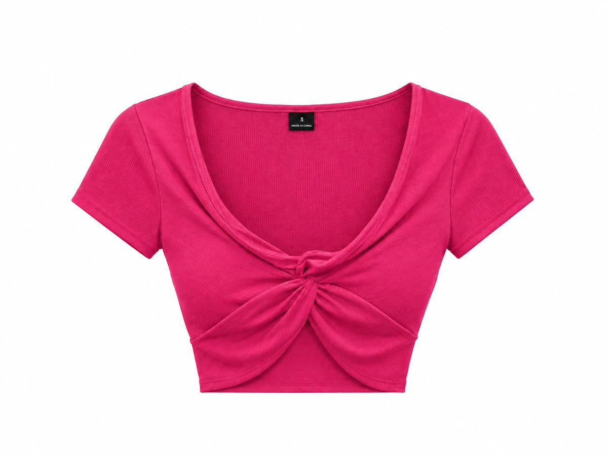 Crop top acanalado con nudo frontal en color rosa fucsia