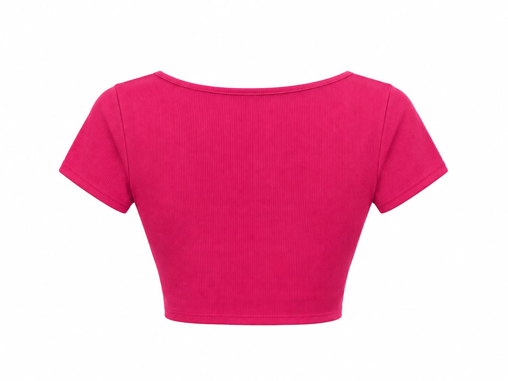 Crop top acanalado con nudo frontal en color rosa fucsia