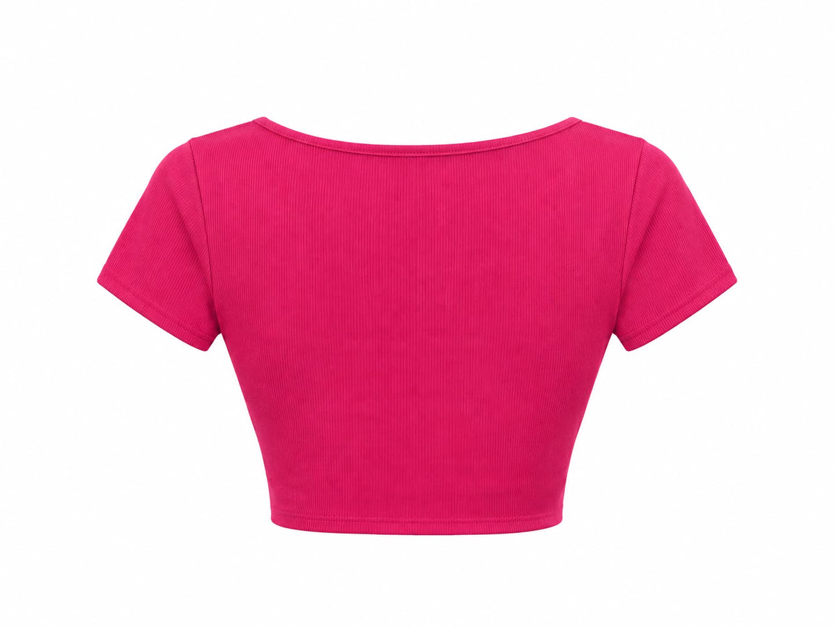 Crop top acanalado con nudo frontal en color rosa fucsia