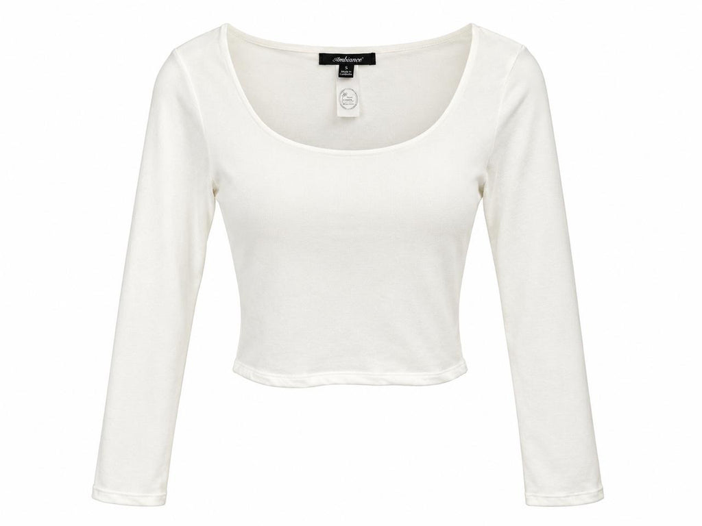 Blusa crop top blanca de manga larga con escote redondo pronunciado