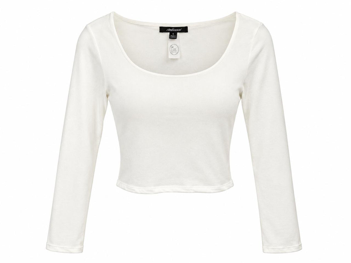 Blusa crop top blanca de manga larga con escote redondo pronunciado