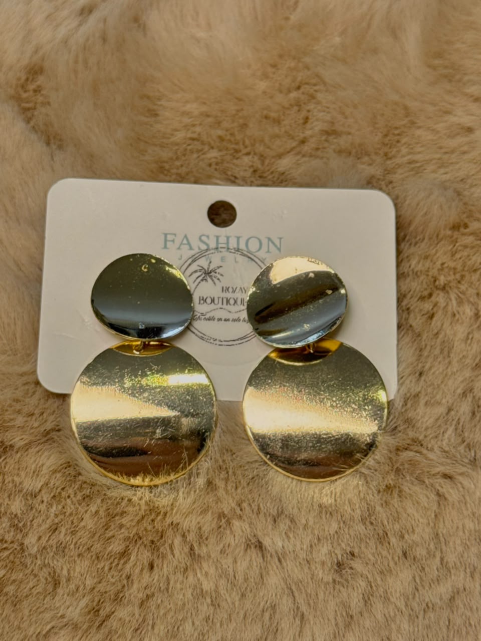 Aretes colgantes de doble disco metalizado dorado