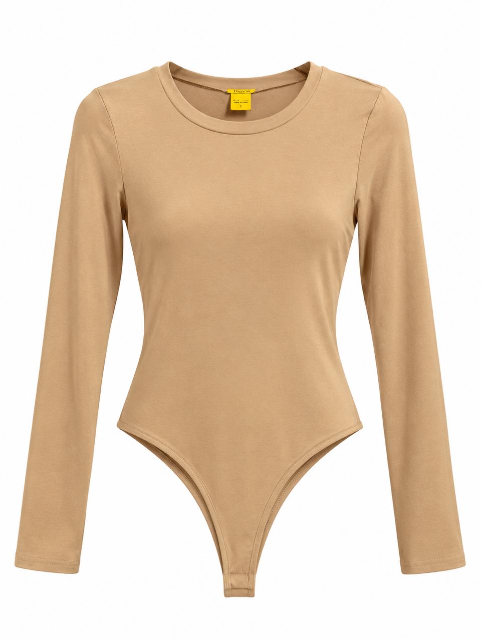 Body básico camel manga larga con cuello redondo