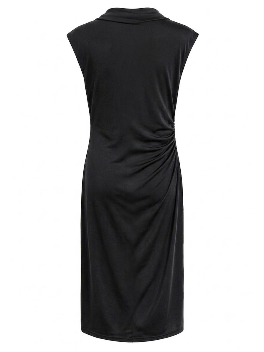 Vestido midi negro con cuello drapeado y fruncido lateral chic