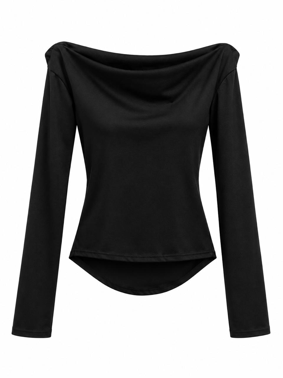 Top negro elegante manga larga con escote caído drapeado