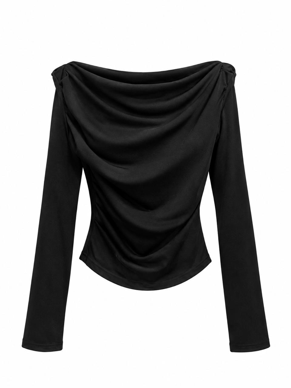 Top negro elegante manga larga con escote caído drapeado