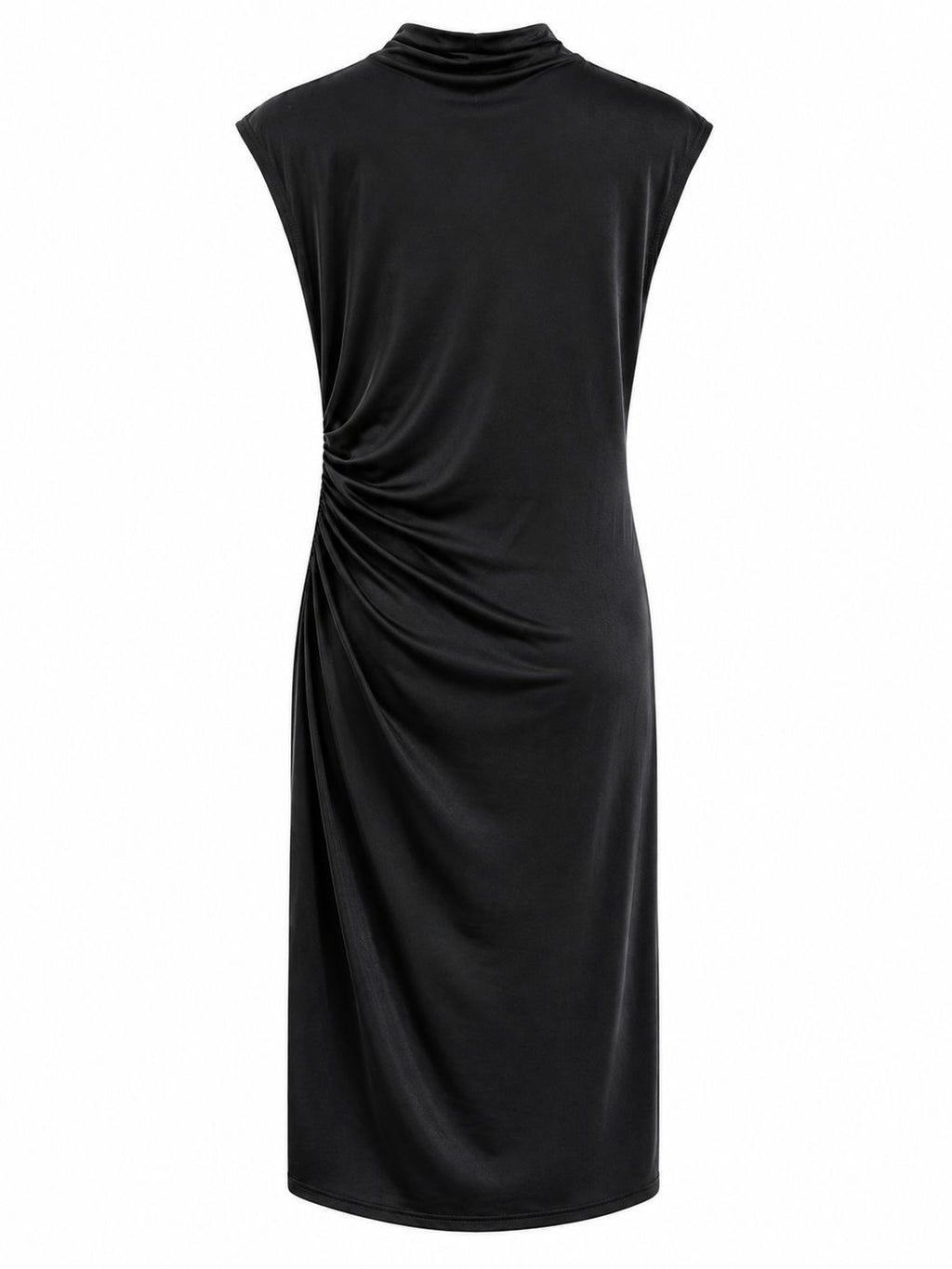Vestido midi negro con cuello drapeado y fruncido lateral chic