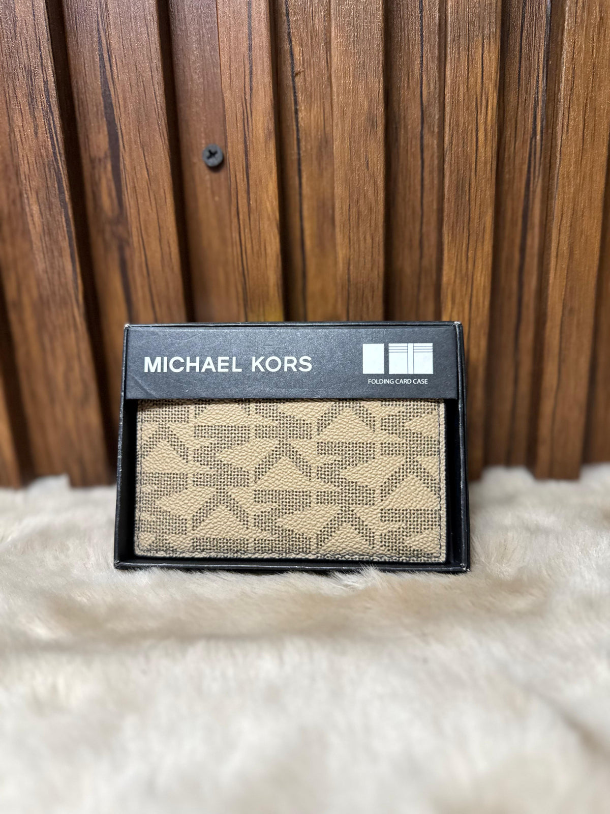 Tarjetero plegable para hombre Michael Kors Folding Card case estampado MK beige