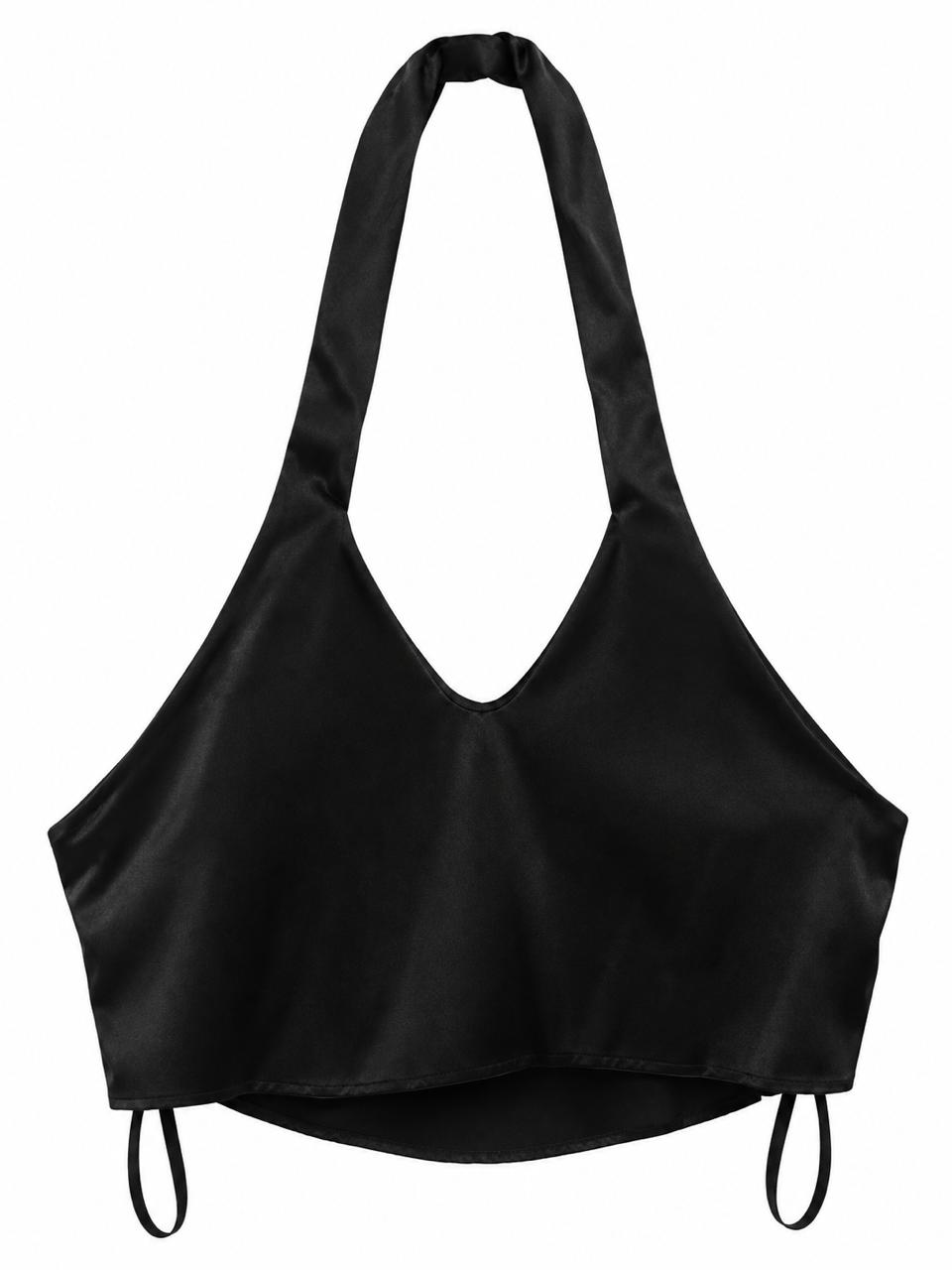 Crop Top negro satinado estilo halter